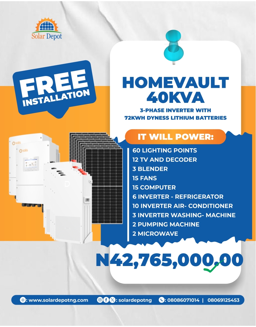 -------HomeVault Package-------- 40kVA 3Phase Inverter  72KWH Lithium  Battery  52 x 565W Solar Panels Roof Rack Thunder Arrestor Cables
